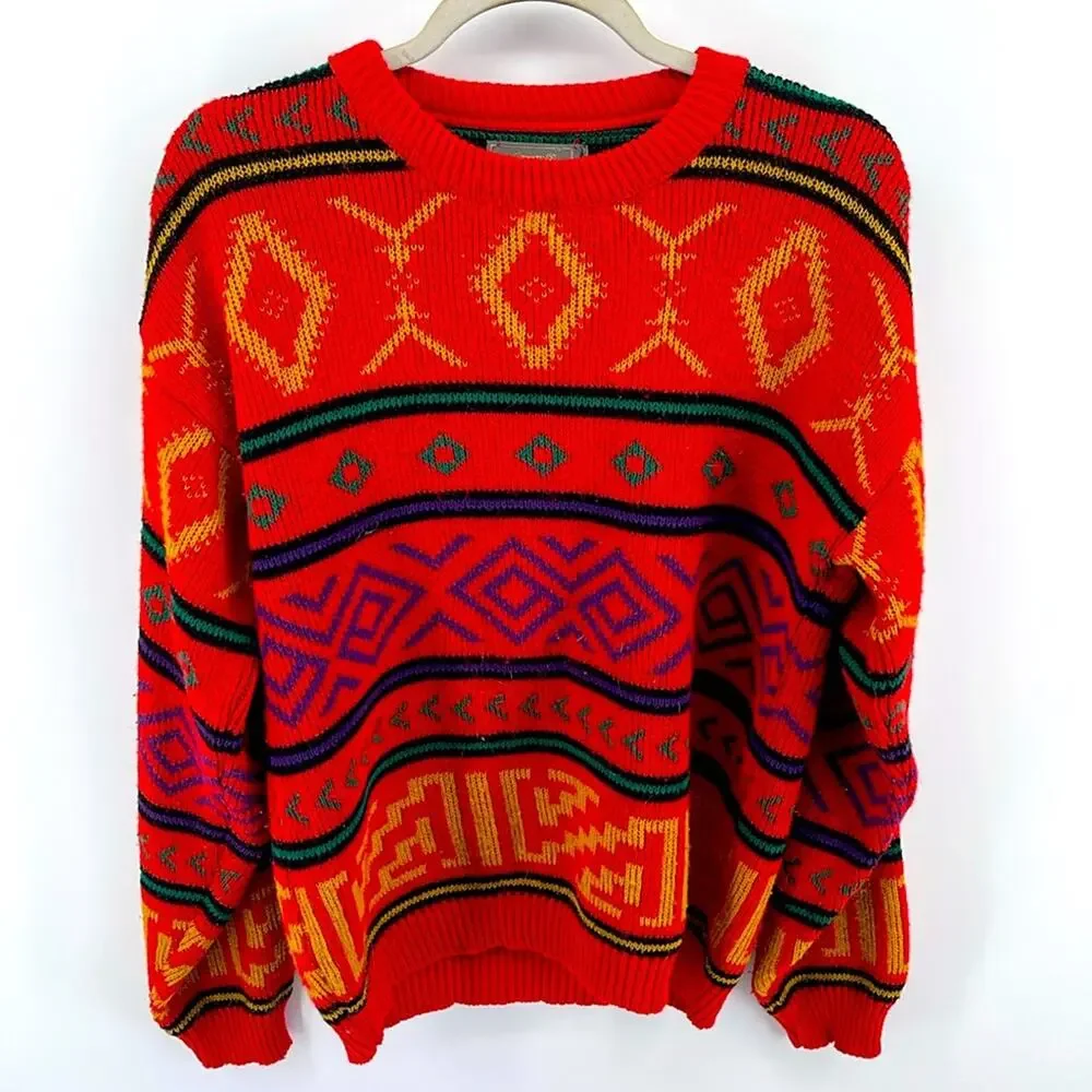 Vintage Le Tigre geometric Aztec Tribal print crewneck pullover grandpa sweater